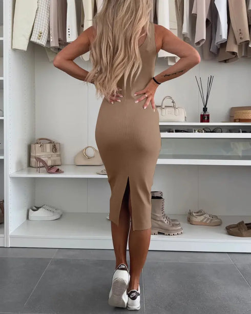 2 Pieces Outfit U-Neck Slit Back Slim Fit Knit Tank Dress and Pearl Button Front Baseball Coat Casual Ribbed Set khaki