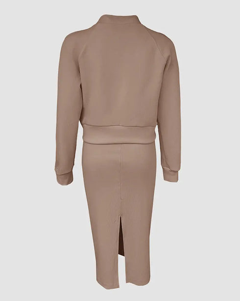 2 Pieces Outfit U-Neck Slit Back Slim Fit Knit Tank Dress and Pearl Button Front Baseball Coat Casual Ribbed Set khaki