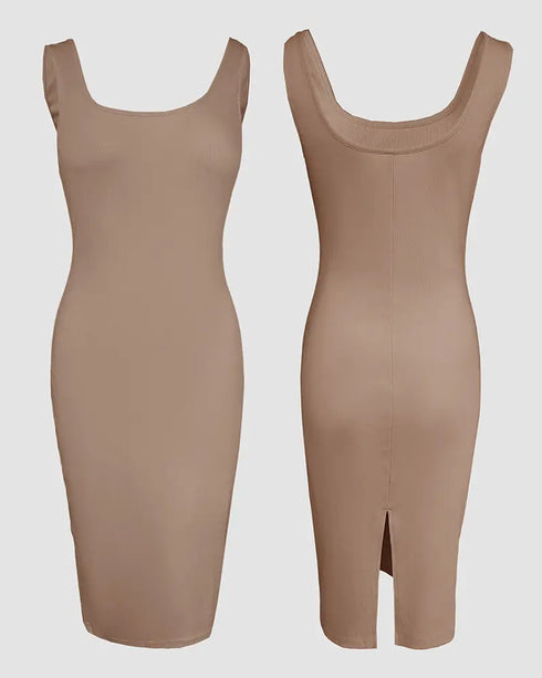 2 Pieces Outfit U-Neck Slit Back Slim Fit Knit Tank Dress and Pearl Button Front Baseball Coat Casual Ribbed Set khaki