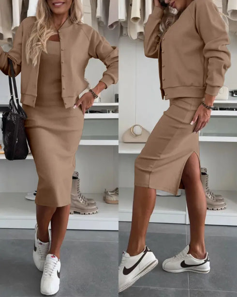 2 Pieces Outfit U-Neck Slit Back Slim Fit Knit Tank Dress and Pearl Button Front Baseball Coat Casual Ribbed Set khaki