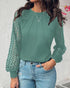 Floral Pattern Contrast Sequin Sheer Mesh Ruched Lantern Sleeve Blouse Elegant Top green