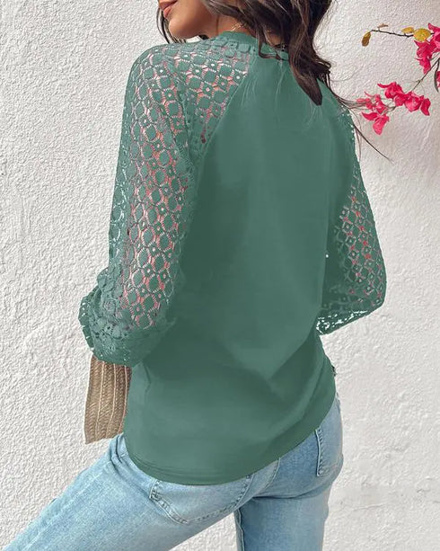 Contrast Lace Round Neck Lantern Sleeve Ruched Blouse Elegant Shirt green