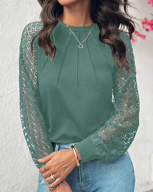 Floral Pattern Contrast Sequin Sheer Mesh Ruched Lantern Sleeve Blouse Elegant Top green