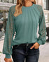 Contrast Lace Round Neck Lantern Sleeve Ruched Blouse Elegant Shirt green