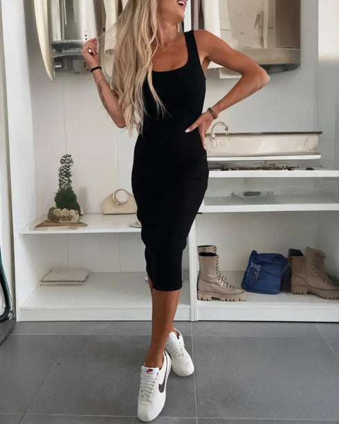 2 Pieces Outfit U-Neck Slit Back Slim Fit Knit Tank Dress and Pearl Button Front Baseball Coat Casual Ribbed Set black