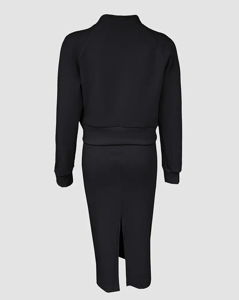 2 Pieces Outfit U-Neck Slit Back Slim Fit Knit Tank Dress and Pearl Button Front Baseball Coat Casual Ribbed Set black