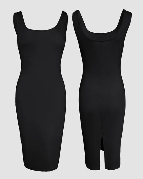 2 Pieces Outfit U-Neck Slit Back Slim Fit Knit Tank Dress and Pearl Button Front Baseball Coat Casual Ribbed Set black