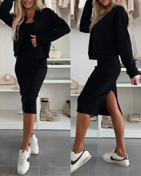 2 Pieces Outfit U-Neck Slit Back Slim Fit Knit Tank Dress and Pearl Button Front Baseball Coat Casual Ribbed Set black