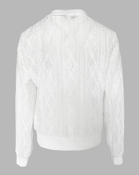 Plants Print Long Sleeve Casual Zipper Baseball Coat white