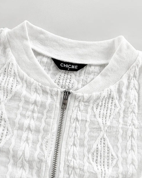 Plants Print Long Sleeve Casual Zipper Baseball Coat white