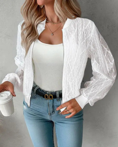 Plants Print Long Sleeve Casual Zipper Baseball Coat white