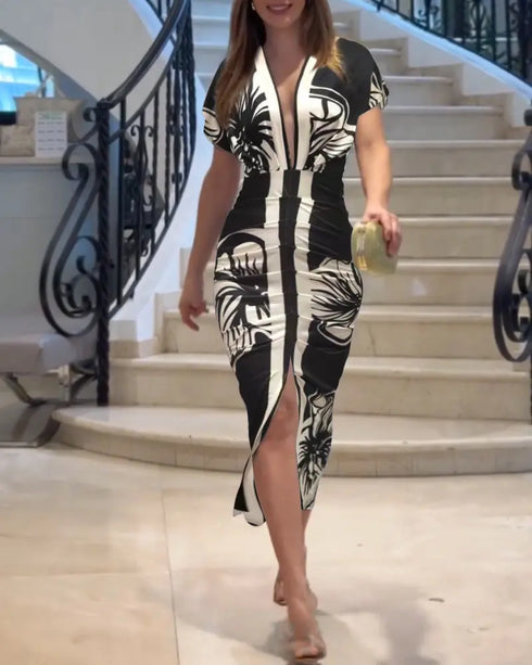 Vintage Baroque Deep V Neck Long Sleeve Slit Bodycon Dress Casual Ruched Slim Fit Vacation Dress black