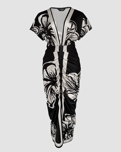 Vintage Baroque Deep V Neck Long Sleeve Slit Bodycon Dress Casual Ruched Slim Fit Vacation Dress black