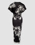 Tropical Print Deep V Neck Ruched Waist-Gathered Dress Front Slit Slim Fit Vacation Dress black