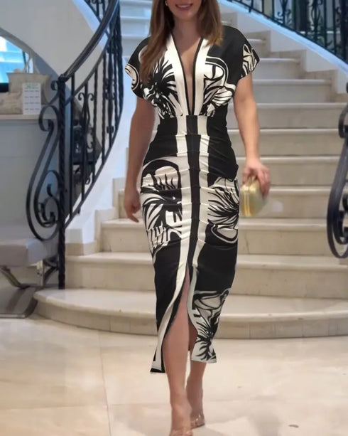 Floral Print Deep V-Neck Gigot Sleeve Party Dress Front Slit Ruched Cinched Waist Vacation Dress black