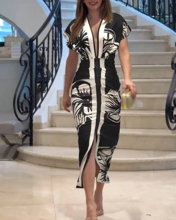 Floral Print Deep V-Neck Gigot Sleeve Party Dress Front Slit Ruched Cinched Waist Vacation Dress black