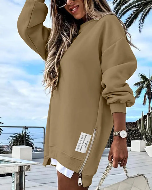 Letter Patch Detail Long Sleeve Drop Shoulder Pullover Sweatshirt Casual Zipper Side Slit Top khaki