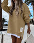 Letter Patch Detail Long Sleeve Drop Shoulder Pullover Sweatshirt Casual Zipper Side Slit Top khaki