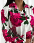 Floral Print Turn-down Collar Shirt Ruffle Hem Long Sleeve Casual Blouse hot pink