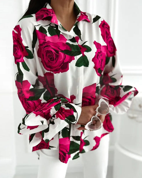 Floral Print Turn-down Collar Shirt Ruffle Hem Long Sleeve Casual Blouse hot pink