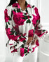 Floral Print Turn-down Collar Shirt Ruffle Hem Long Sleeve Casual Blouse hot pink