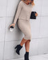2 Piece Long Sleeve Cable Knit Sweater and V-Neck Slip Bodycon Midi Dress khaki