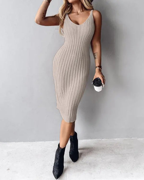 2 Piece Long Sleeve Cable Knit Sweater and V-Neck Slip Bodycon Midi Dress khaki