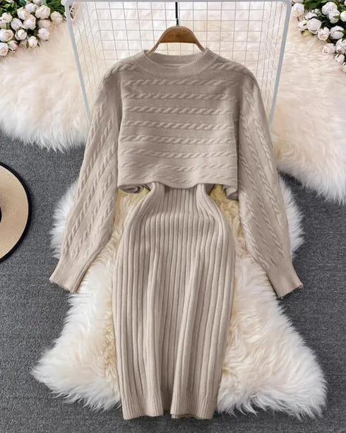 2 Piece Long Sleeve Cable Knit Sweater and V-Neck Slip Bodycon Midi Dress khaki