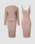 2 Piece Long Sleeve Cable Knit Sweater and V-Neck Slip Bodycon Midi Dress khaki