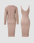 2 Piece Long Sleeve Cable Knit Sweater and V-Neck Slip Bodycon Midi Dress khaki