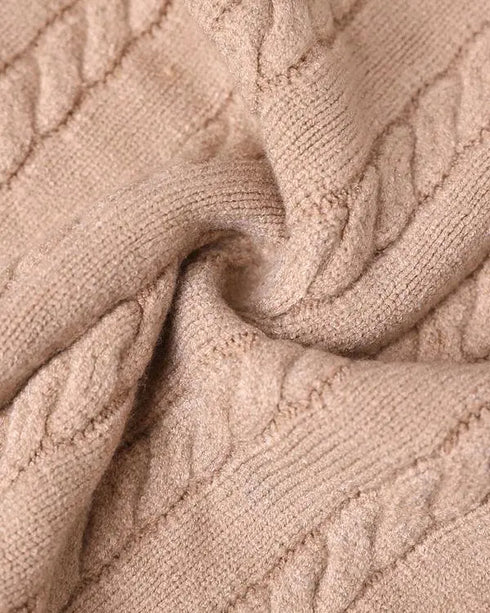 2 Piece Long Sleeve Cable Knit Sweater and V-Neck Slip Bodycon Midi Dress khaki