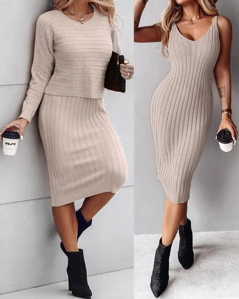 2 Piece Long Sleeve Cable Knit Sweater and V-Neck Slip Bodycon Midi Dress khaki