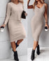 2 Piece Long Sleeve Cable Knit Sweater and V-Neck Slip Bodycon Midi Dress khaki