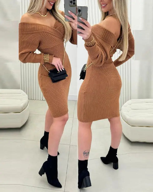 Off Shoulder Slim Fit Knit Long Sleeve Dress Bodycon Sweater Dress khaki