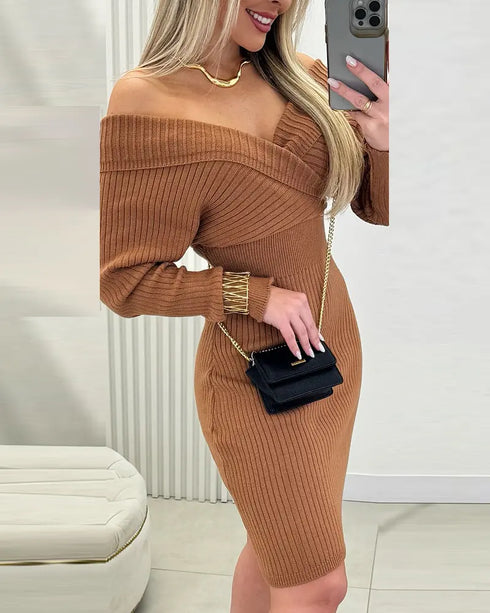Off Shoulder Slim Fit Knit Long Sleeve Dress Bodycon Sweater Dress khaki
