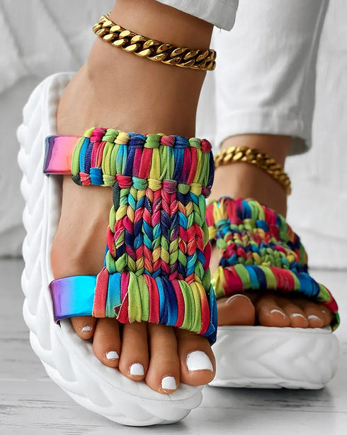 Braided Cutout Round Toe Casual Slippers Multicolor