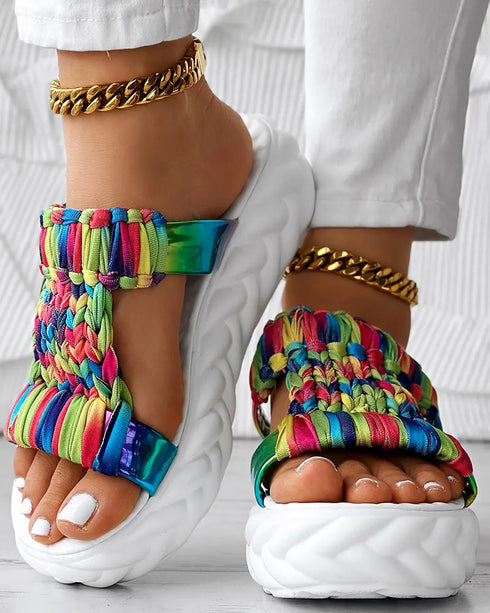 Braided Cutout Round Toe Casual Slippers Multicolor
