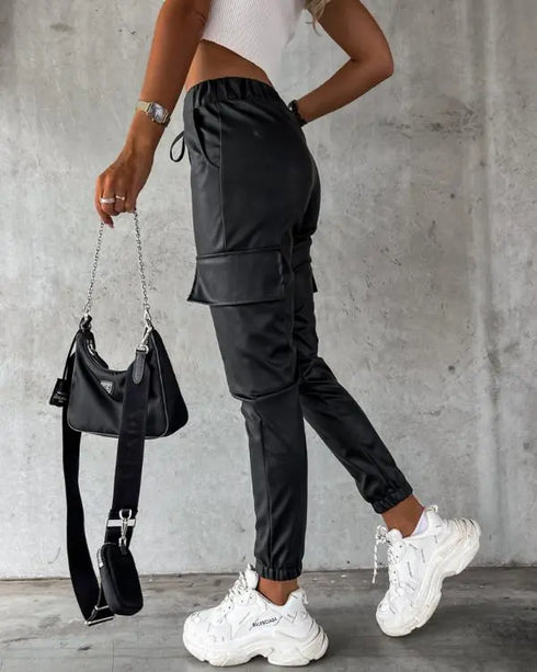 Elastic Waist PU Leather Drawstring Cuffed Pants with Pocket black