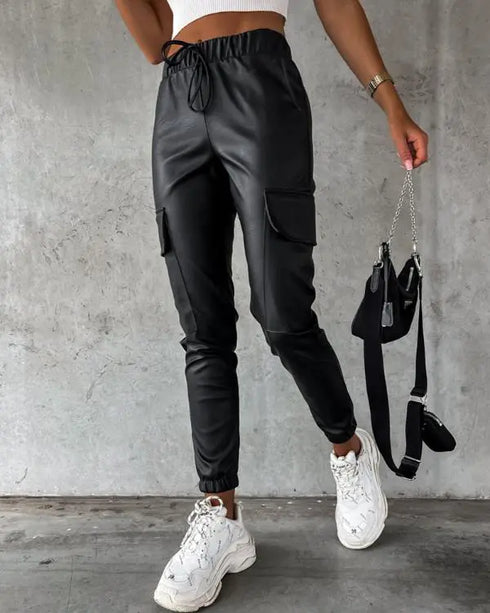 Elastic Waist PU Leather Drawstring Cuffed Pants with Pocket black