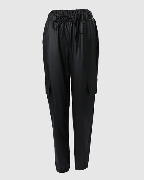 Elastic Waist PU Leather Drawstring Cuffed Pants with Pocket black
