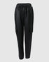 Elastic Waist PU Leather Drawstring Cuffed Pants with Pocket black