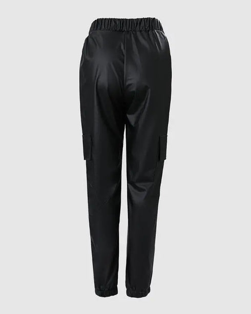 Elastic Waist PU Leather Drawstring Cuffed Pants with Pocket black