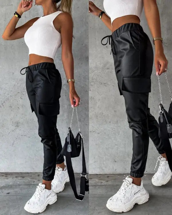 Elastic Waist PU Leather Drawstring Cuffed Pants with Pocket black