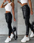 Elastic Waist PU Leather Drawstring Cuffed Pants with Pocket black