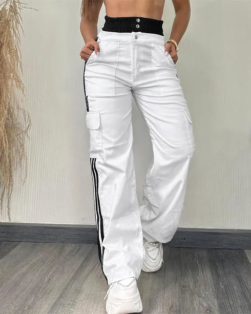 Contrast Side Striped Zipper Fly Stretchy High Waist Pants Flap Pockets Design Double Waistband Cargo Pants white