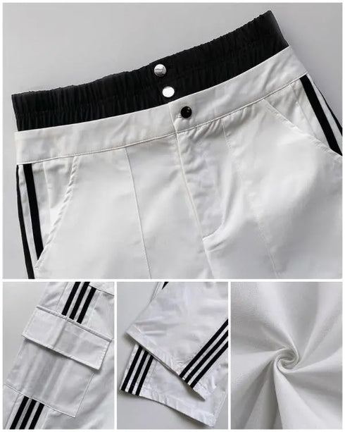 Contrast Side Striped Zipper Fly Stretchy High Waist Pants Flap Pockets Design Double Waistband Cargo Pants white