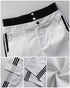 Contrast Side Striped Zipper Fly Stretchy High Waist Pants Flap Pockets Design Double Waistband Cargo Pants white