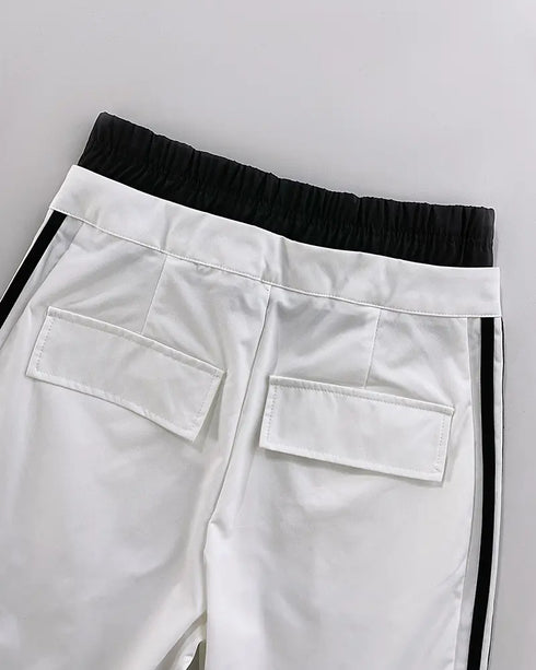 Contrast Side Striped Zipper Fly Stretchy High Waist Pants Flap Pockets Design Double Waistband Cargo Pants white
