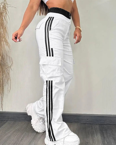 Contrast Side Striped Zipper Fly Stretchy High Waist Pants Flap Pockets Design Double Waistband Cargo Pants white