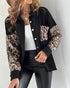 Casual Jacket Sequin Patchwork Long Sleeve Jacket Top Button Front Raw Hem Oversized Denim Shacket black